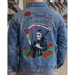 💀 Nokwal Grim Reaper Roses Embroidered Denim Trucker Jacket L Skull Streetwear